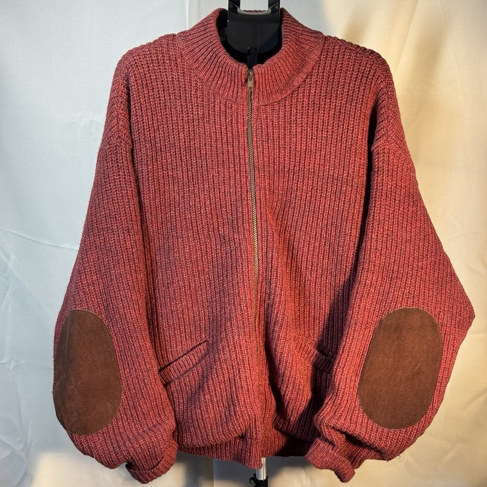 Cabela's Wool Sweater Jacket XXL Made USA Red‎ Full Zip Elbow Patch Hunting